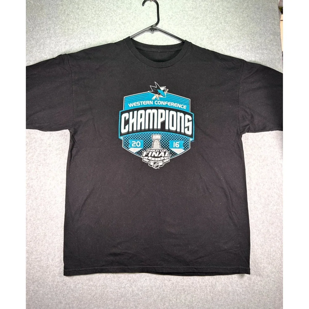 Vintage San Jose Sharks T-Shirt Men's Black Graphic Print NHL Hockey Sports XL